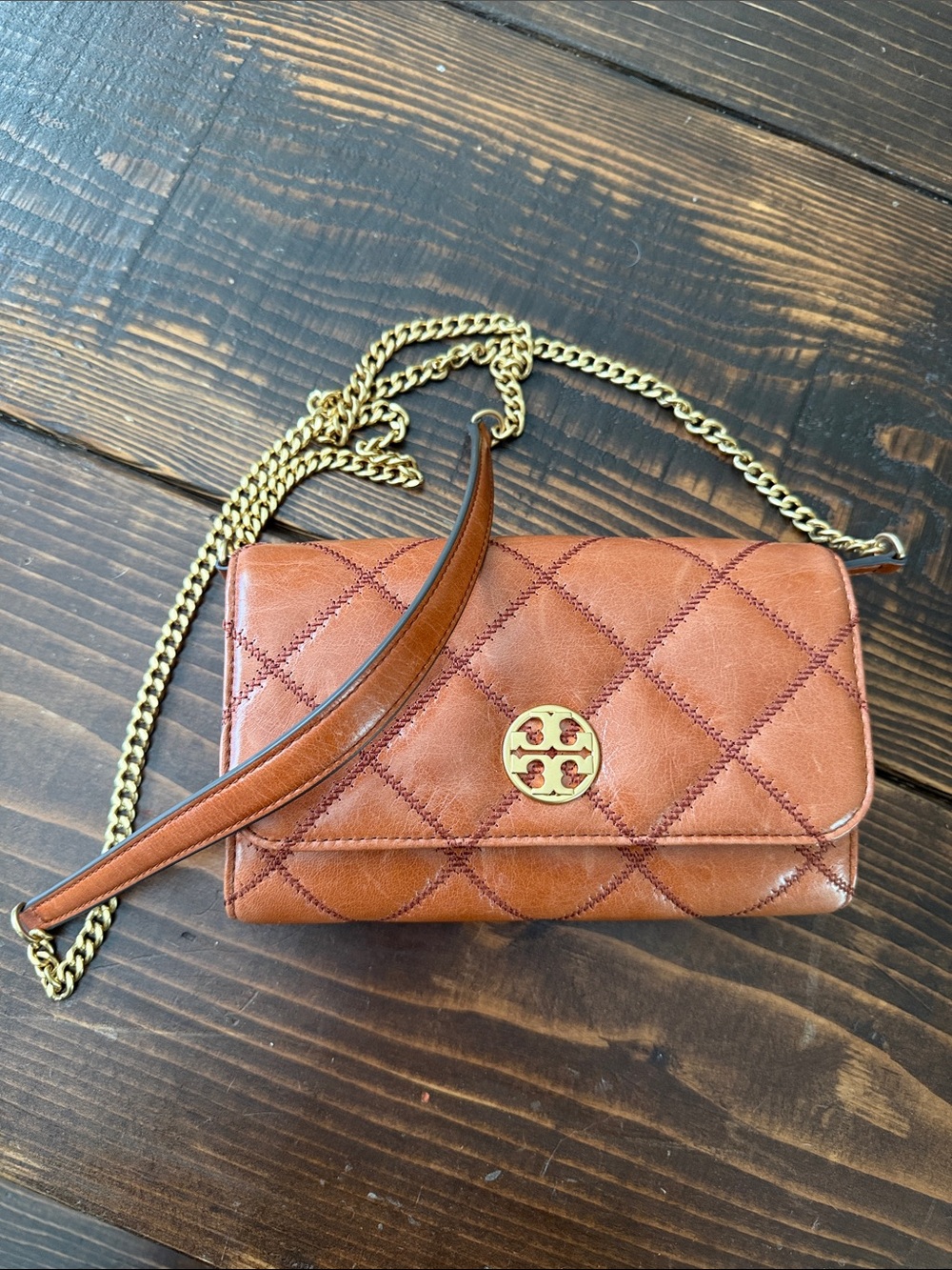 Tory Burch Quilted Leather Crossbody in Cognac Brown with Gold Hardware